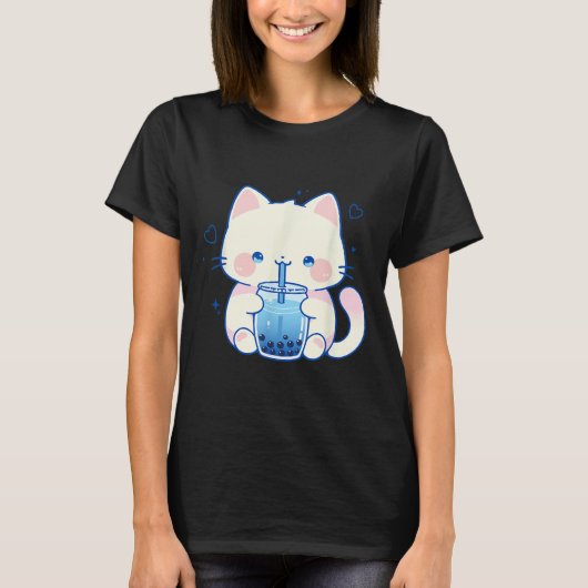Kawaii Cat Boba Japanese Cute Aesthetic Anime Girl Tシャツ (正面)