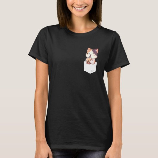 Kawaii Cat Boba Pocket Japanese cute aesthetic Ani Tシャツ (正面)