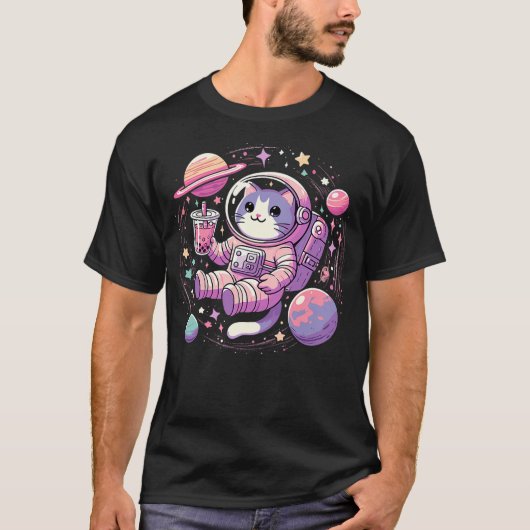 Kawaii Cat Bubble Boba Tea In Space Astronaut Tシャツ (正面)