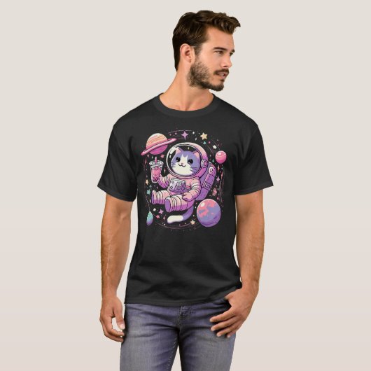 Kawaii Cat Bubble Boba Tea In Space Astronaut Tシャツ (正面フル)