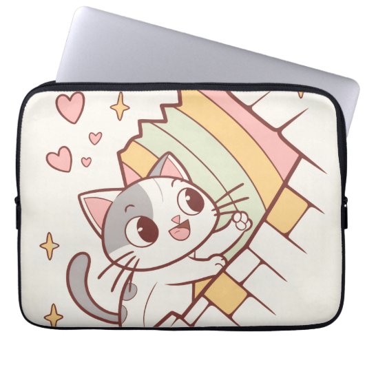 Kawaii Cat Bursting Through Laptop Cases |cute  ラップトップスリーブ (正面)