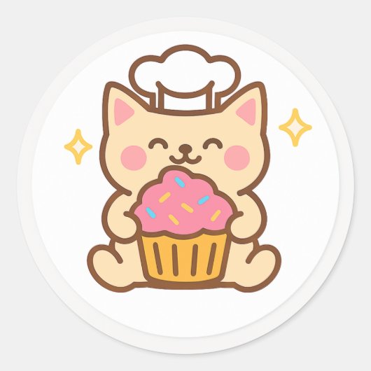 Kawaii Cat Chef With Cupcake Sticker ラウンドシール (正面)