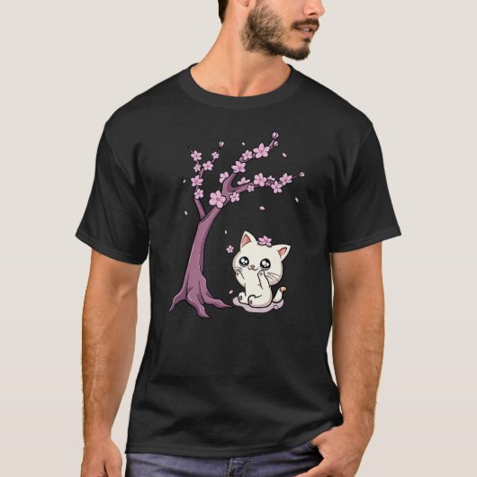 Kawaii Cat Cherry Blossom Anime Kitten Sakura Japa Tシャツ (正面)