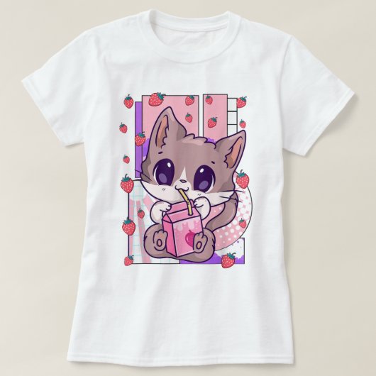 Kawaii Cat Drinking Strawberry Milk Tシャツ (デザイン正面)