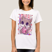 Kawaii Cat Drinking Strawberry Milk Tシャツ (正面)