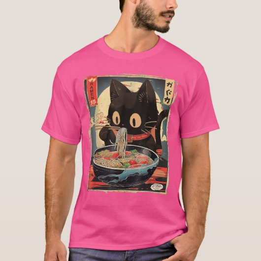 Kawaii Cat Eating Ramen Noodles Anime Gift Girlsee Tシャツ (正面)