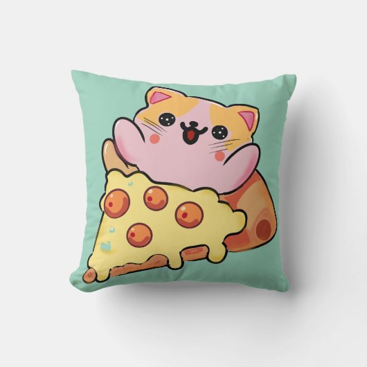 Kawaii Cat Hugging Pepperoni Pizza Cartoon クッション (正面)