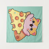 Kawaii Cat Hugging Pepperoni Pizza Cartoon タペストリー (正面(横))