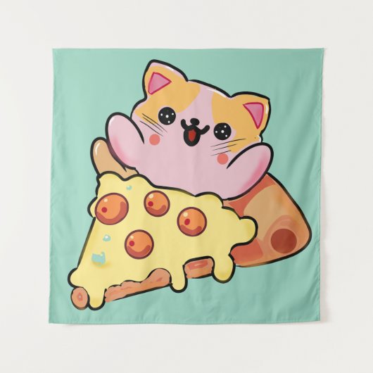 Kawaii Cat Hugging Pepperoni Pizza Cartoon タペストリー (正面)