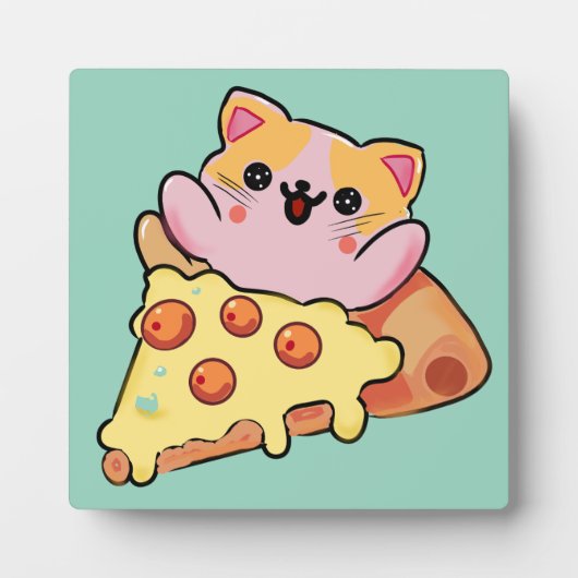 Kawaii Cat Hugging Pepperoni Pizza Cartoon フォトプラーク (正面)