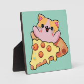 Kawaii Cat Hugging Pepperoni Pizza Cartoon フォトプラーク (正面)