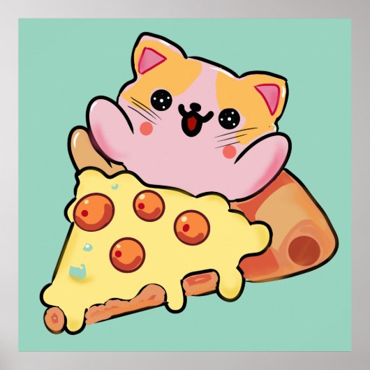 Kawaii Cat Hugging Pepperoni Pizza Cartoon ポスター (正面)