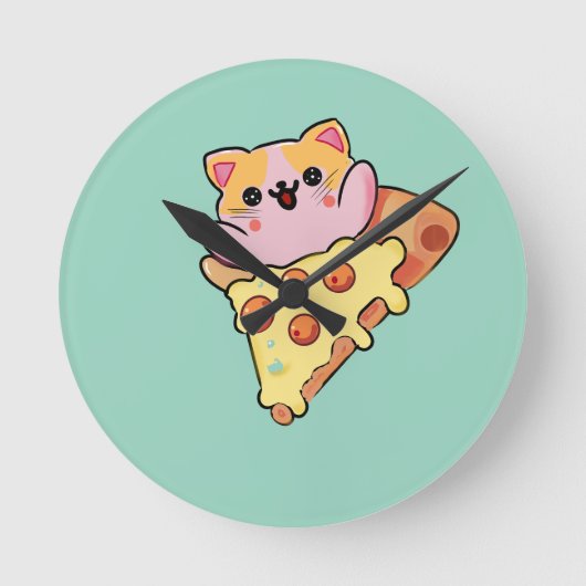 Kawaii Cat Hugging Pepperoni Pizza Cartoon ラウンド壁時計 (正面)
