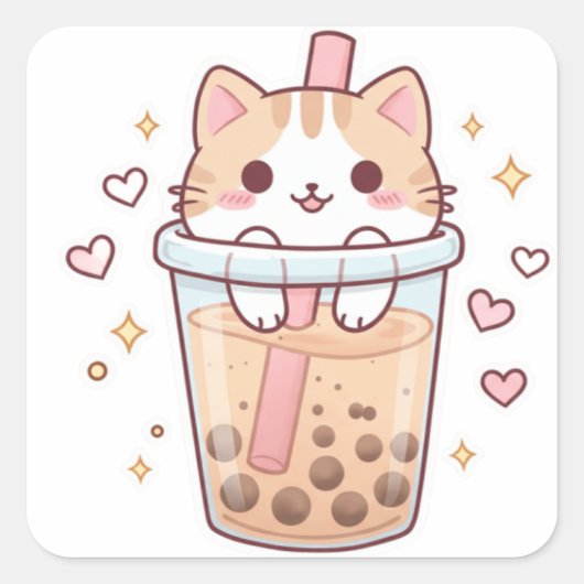 Kawaii Cat in Boba Cup Sticker – So Cute! スクエアシール (正面)
