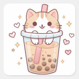 Kawaii Cat in Boba Cup Sticker – So Cute! スクエアシール