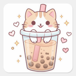 Kawaii Cat in Boba Cup Sticker – So Cute! スクエアシール