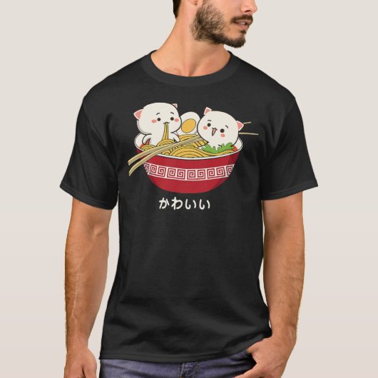 Kawaii Cat Japanese Tokyo Anime Cat Ramen Tシャツ (正面)