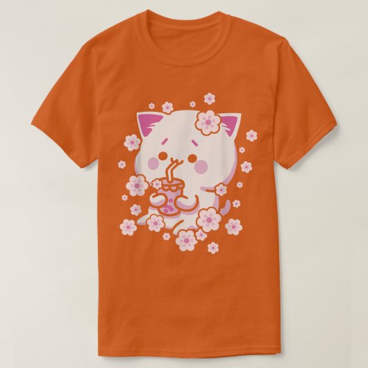 Kawaii Cat with Bubble Tea and Boba tea and Sakura Tシャツ (デザイン正面)