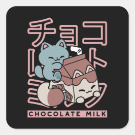 Kawaii Cat with Chocolate Milk – Japanese Pop Art  スクエアシール
