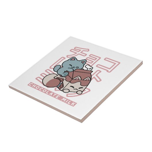 Kawaii Cat with Chocolate Milk – Japanese Pop Art  タイル (側面)