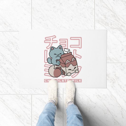Kawaii Cat with Chocolate Milk – Japanese Pop Art  ドアマット (室内)