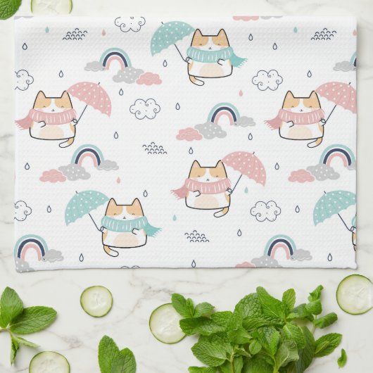 Kawaii Cats Rainy Day Pattern Kitchen Towel キッチンタオル (折り畳み)