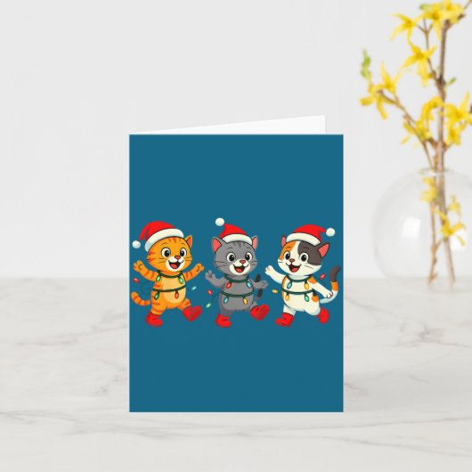 Kawaii Cats Santa Hat Dancing Lights Christmas Dan カード (黄色い花)