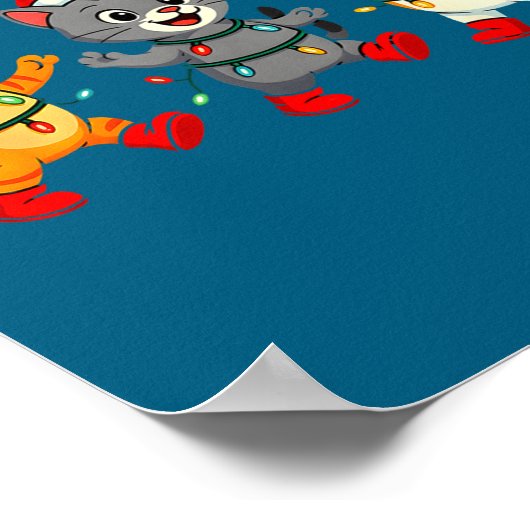 Kawaii Cats Santa Hat Dancing Lights Christmas Dan ポスター (角)