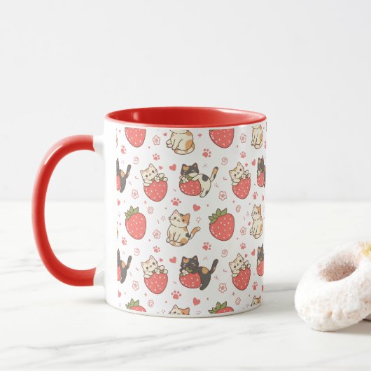 Kawaii Cats & Strawberries マグカップ (ドーナツ)