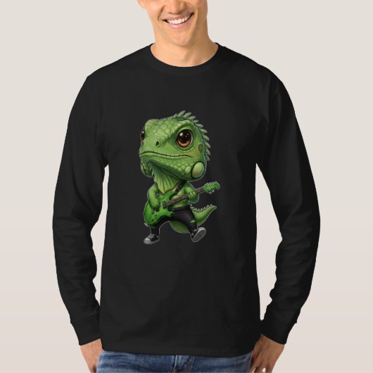 Kawaii Chibi Funny Iguana Guitarist Rocker Tシャツ (正面)