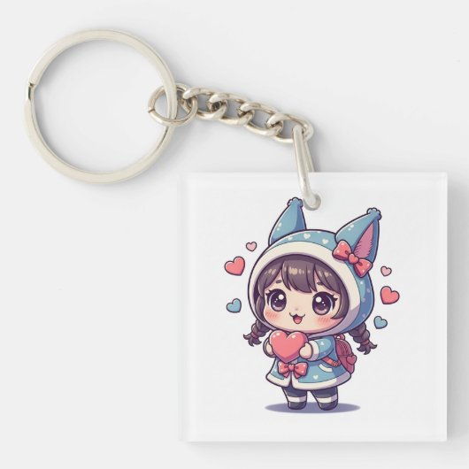 Kawaii Chibi Girl with Heart Acrylic Keychain キーホルダー (正面)