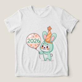 Kawaii Chibi Rabbit Mascot Holding 2026 Balloons  トライブレンドＴシャツ