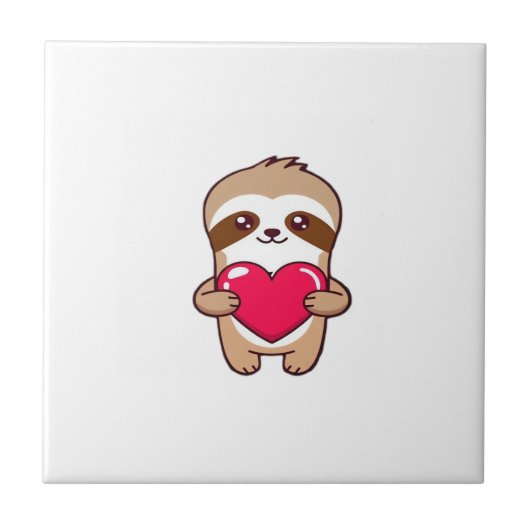 Kawaii Chibi Sloth Hugging Heart � Cute Adorable S タイル (正面)