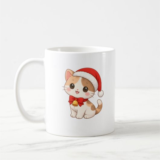Kawaii Christmas Cat Mug with Santa Hat コーヒーマグカップ (左)
