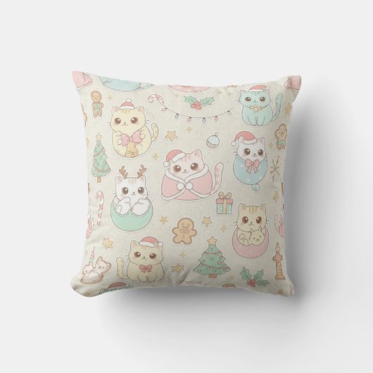 Kawaii Christmas Cat Pillow クッション (正面)