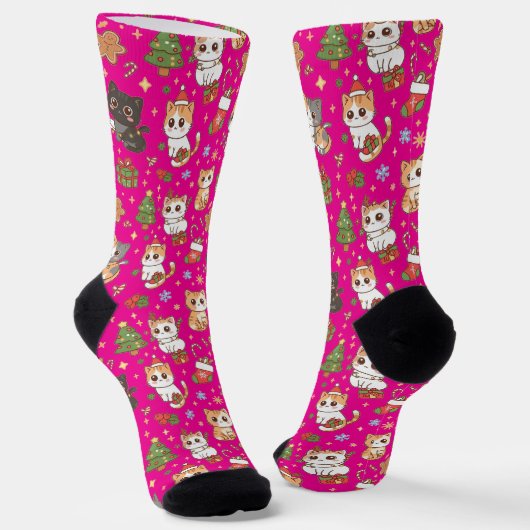Kawaii Christmas Cats Holiday Pattern Crew Socks ソックス (傾斜あり)