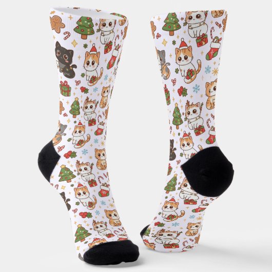 Kawaii Christmas Cats Holiday Pattern Crew Socks ソックス (傾斜あり)
