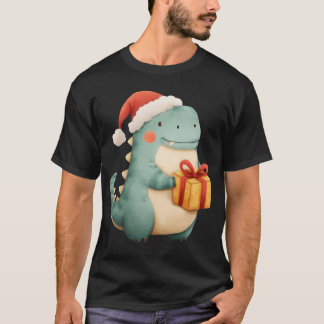 Kawaii Christmas Dinosaur with Gift Cute Santa Din Tシャツ