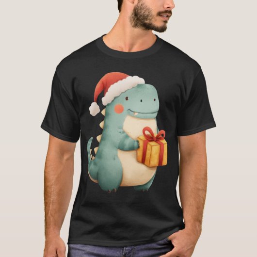 Kawaii Christmas Dinosaur with Gift Cute Santa Din Tシャツ (正面)