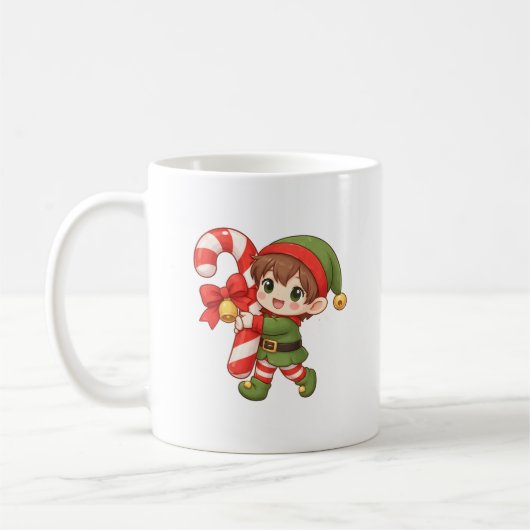 Kawaii Christmas Elf Mug with Candy Cane コーヒーマグカップ (左)