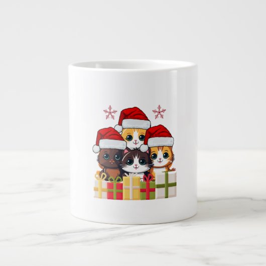 Kawaii Christmas kitten in Santa Hats T-Shirt ジャンボコーヒーマグカップ (正面)
