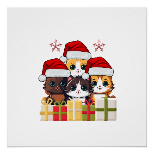 Kawaii Christmas kitten in Santa Hats T-Shirt ポスター (正面)