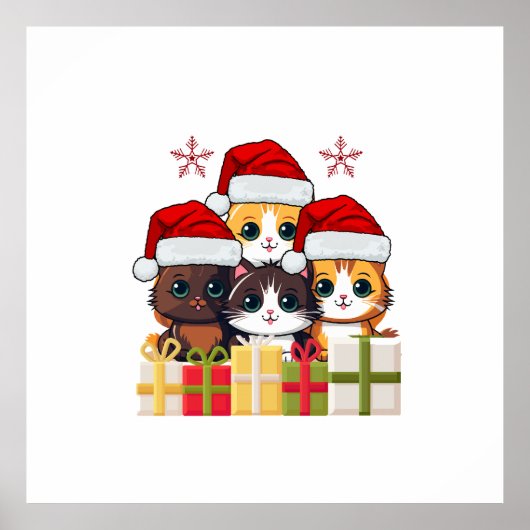 Kawaii Christmas kitten in Santa Hats T-Shirt ポスター (正面)