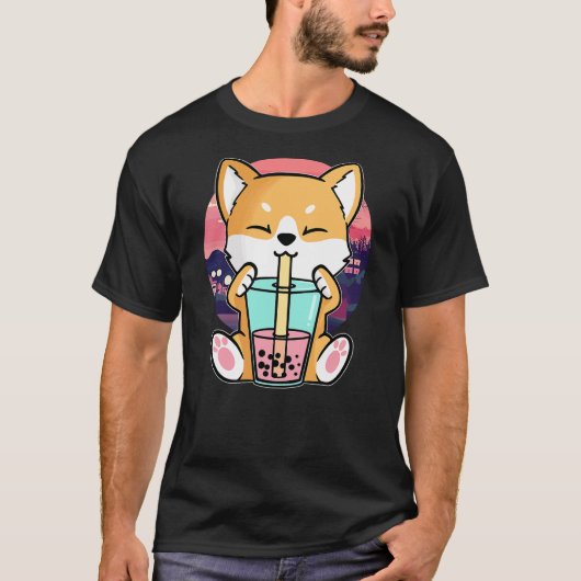 Kawaii Corgi Dog Bubble Tea Boba Anime Neko Japane Tシャツ (正面)