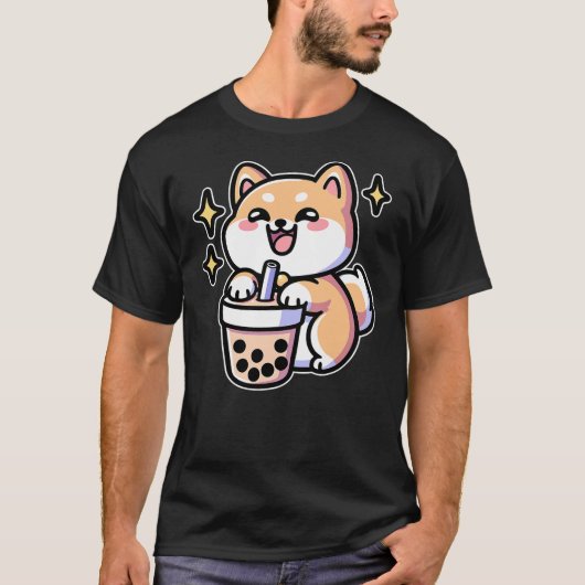 Kawaii Corgi Dog Shiba Inu Drinking Bubble Tea Bob Tシャツ (正面)
