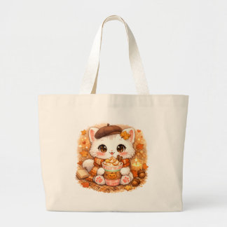 Kawaii Cozy Autumn Latte Kitty – Cute Fall Cat ラージトートバッグ