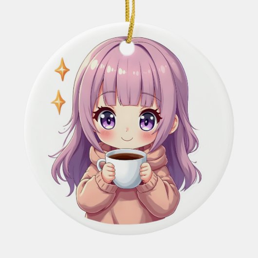 Kawaii Cozy Coffee Girl – Pastel Aesthetic sticker セラミックオーナメント (正面)