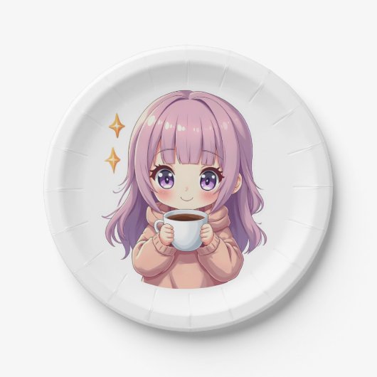Kawaii Cozy Coffee Girl – Pastel Aesthetic sticker ペーパープレート (正面)