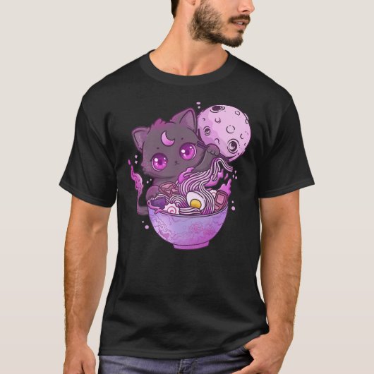 Kawaii Creepy Cat Eating Ramen Noodles Pastel Goth Tシャツ (正面)