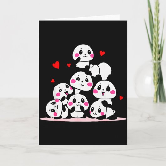 Kawaii Cute Baby Panda Pile With Red Hearts Valent カード (正面)